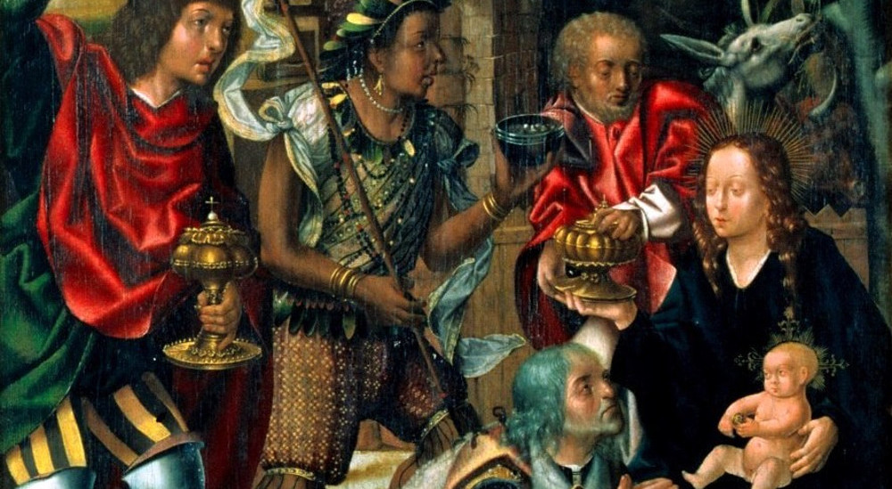 De tre vise mænd præsenterer gaver for Jomfru Maria og Jesusbarnet.