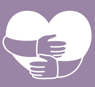 To arme omfavner et hvidt hjerte på en lyselilla baggrund.