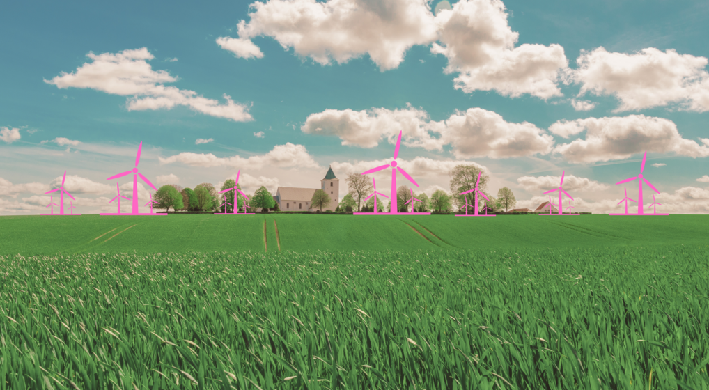 Billede af en kirke i et landskab med kornmarker. Flere vindmøller er tegnet ind som for at angive mulige placeringer