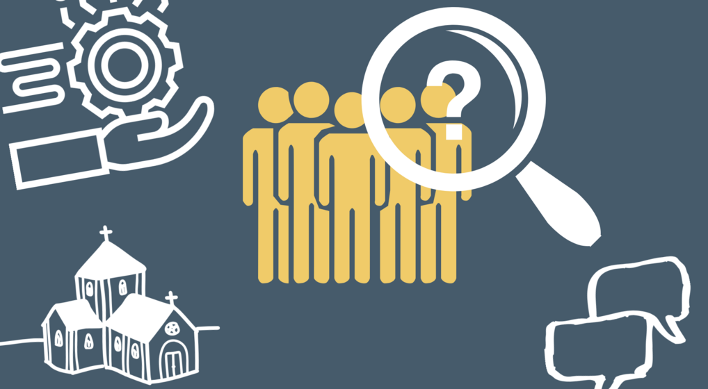 Grafik med tegninger af kirke, talebobler og mennesker