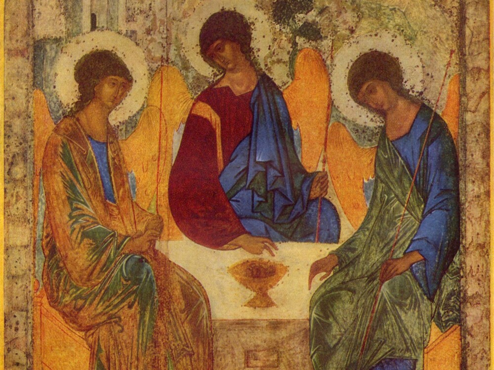 Ikon med tre skikkelser med vinger omkring et bord: Treenigheden, malet af Andrej Rublijov ca. 1400 