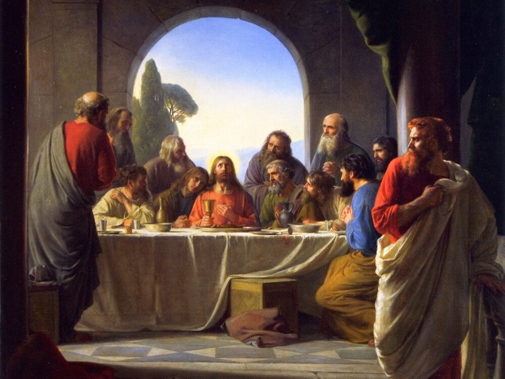 Maleriet Den sidste nadver af Carl Bloch forestiller Jesus og disciplene ved bord dækket med vinbægre og skåle